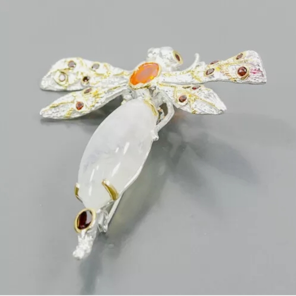 Gorgeous Moonstone Dragonfly Sterling brooch w/Opal & Garnet accents - Picture 4 of 9